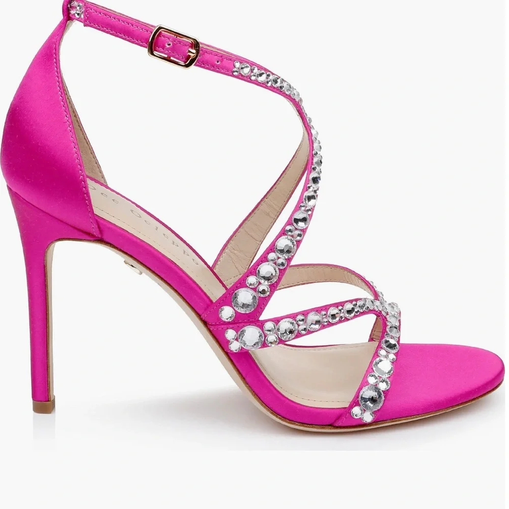 New! Dee Ocleppo designer Satin Magenta Pink Strappy Heels Rhinestones SZ 8 - Picture 2 of 16